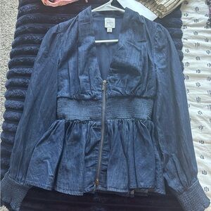 Maeve Dark Blue Denim-Style Peplum Zip Jacket Anthropologie tobie top